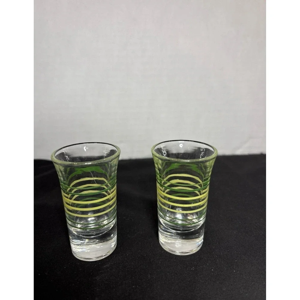 Set of 2 Vintage Green Striped Shot Glasses ~ Weighted Bottom ~ 2 7/8